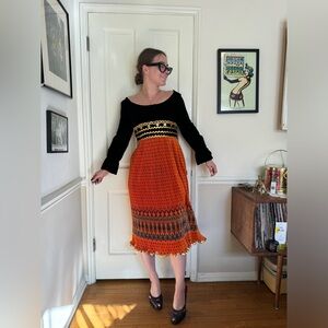 70s Vintage Black Velvet Dress with Accordion Pleat Orange Skirt